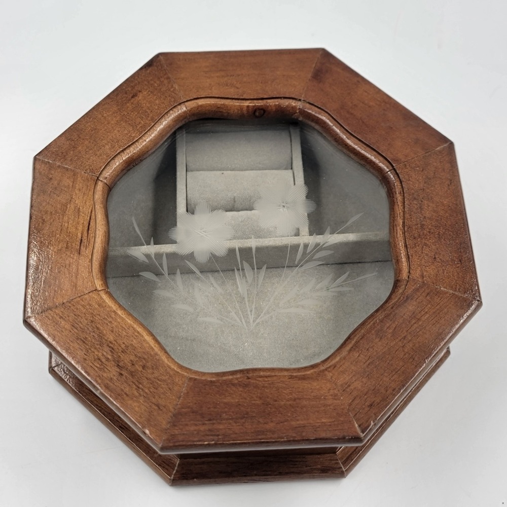 Vintage Octagonal Wood Jewelry Box - Floral Etched Glass - Grey Velvet Lining